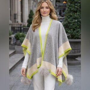 Mitchie’s Elegant Gray/Cream Poncho with Lime Trim and fur pom poms Size OS NWT